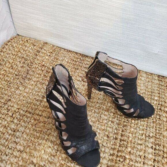 Vince Camuto Caged Heels 7.5 Black Leather Glitter Back Zip Bootie Shoe - Picture 10 of 11